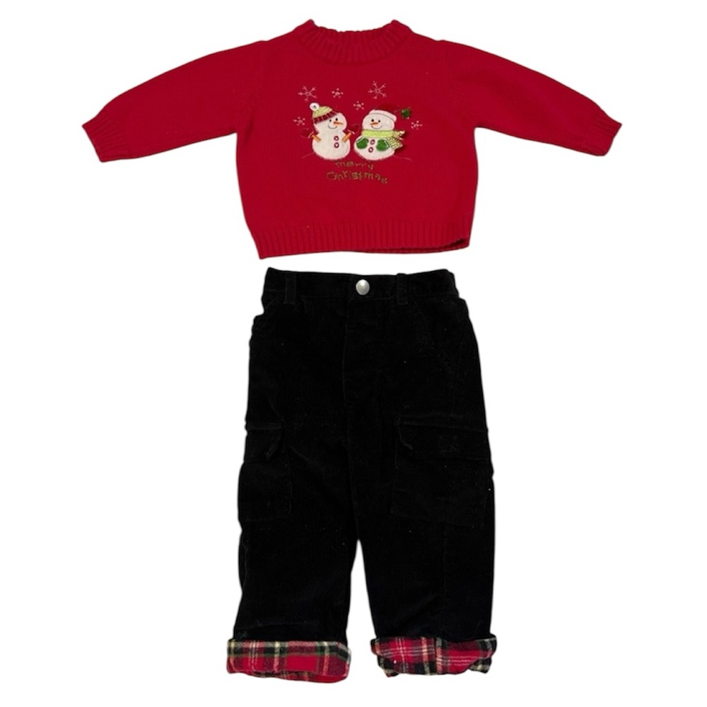 Nursery Rhyme Red Christmas Knit Sweater and Black Corduroy Pants 6-9 Months